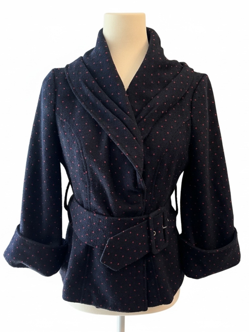 Tulle Women's Navy Polka Dot Belted Jacket Wool-Blend Anthropologie Sz Medium
